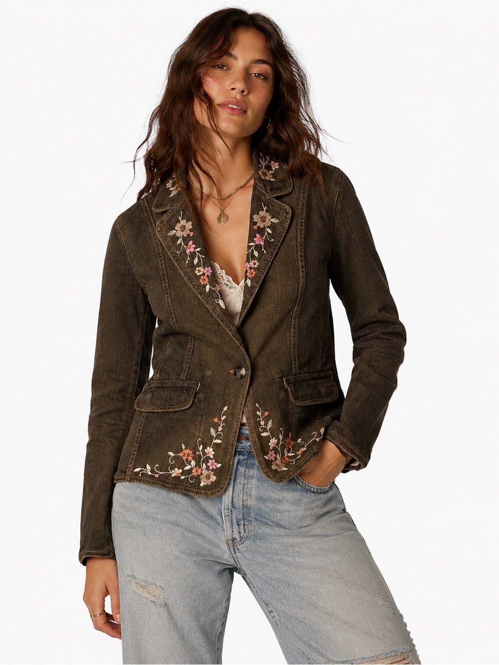 Apostrophe Early 2000s Y2K Washed Floral Embroidered Denim Jacket Boho Western
